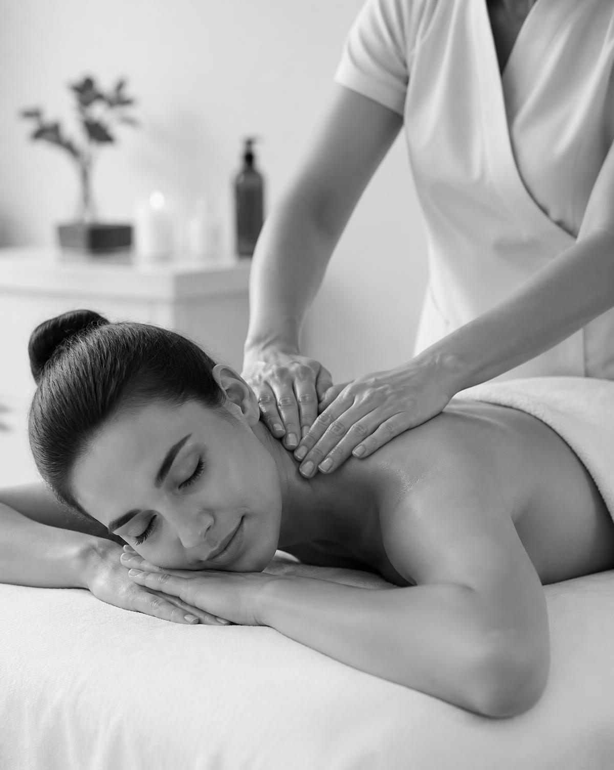 Massage therapist gently working on a relaxed client's shoulders