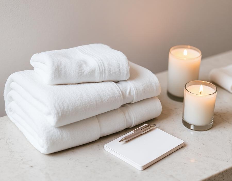 Folded towels, a notepad and candles arranged on a stone spa counter