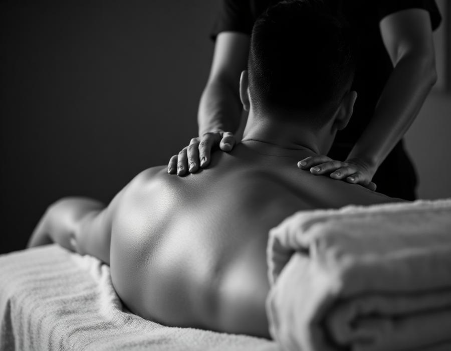 Therapist applying firm pressure across a client's upper back