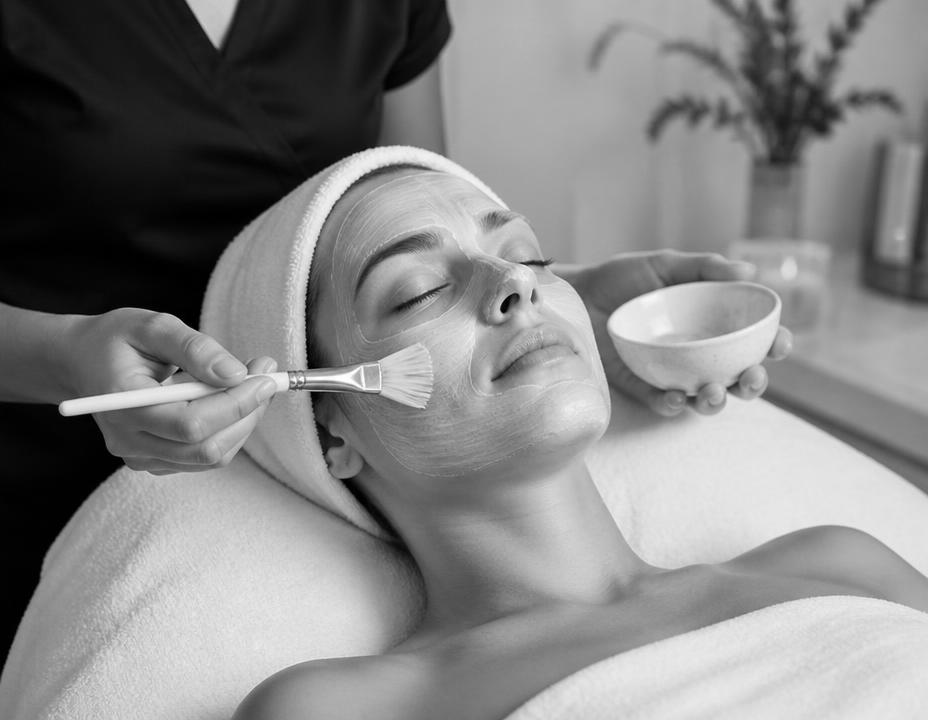 Guest receiving a calming facial treatment with a soft brush