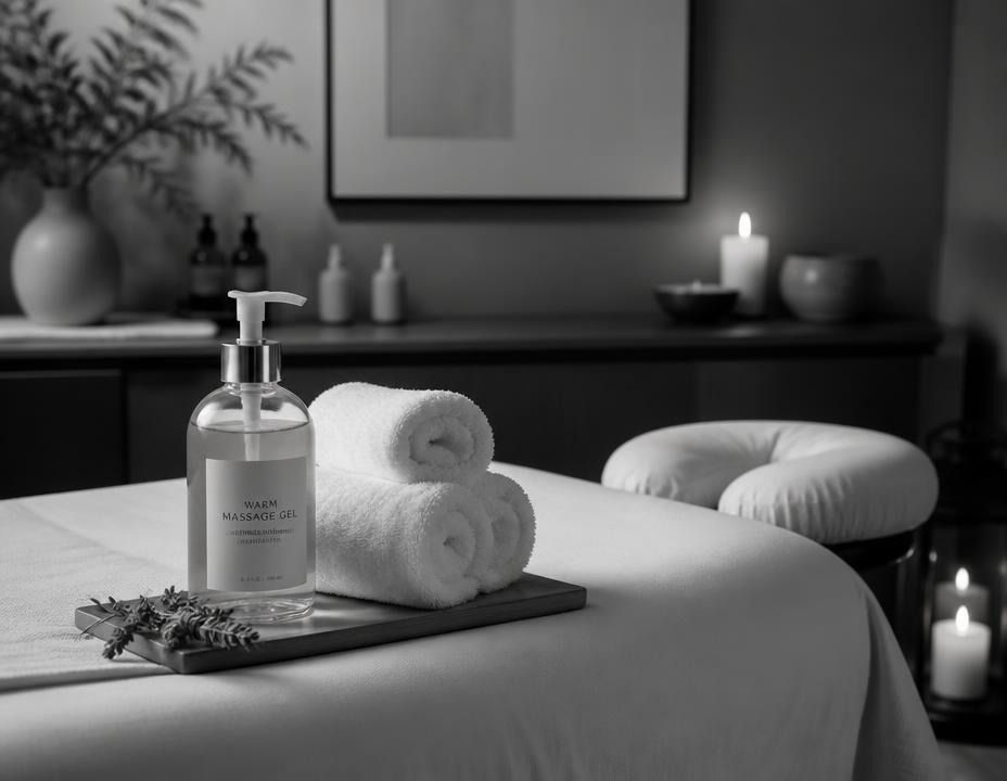 Warm massage gel and rolled towels set out on a treatment table by candlelight